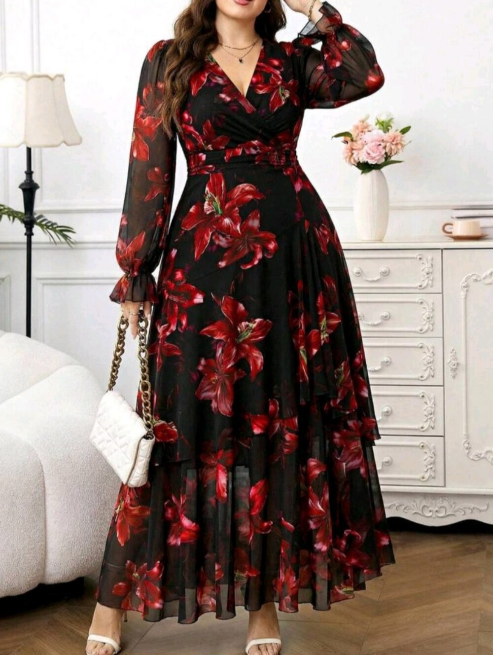 Faux Wrap Maxi Dress with Red Floral Print